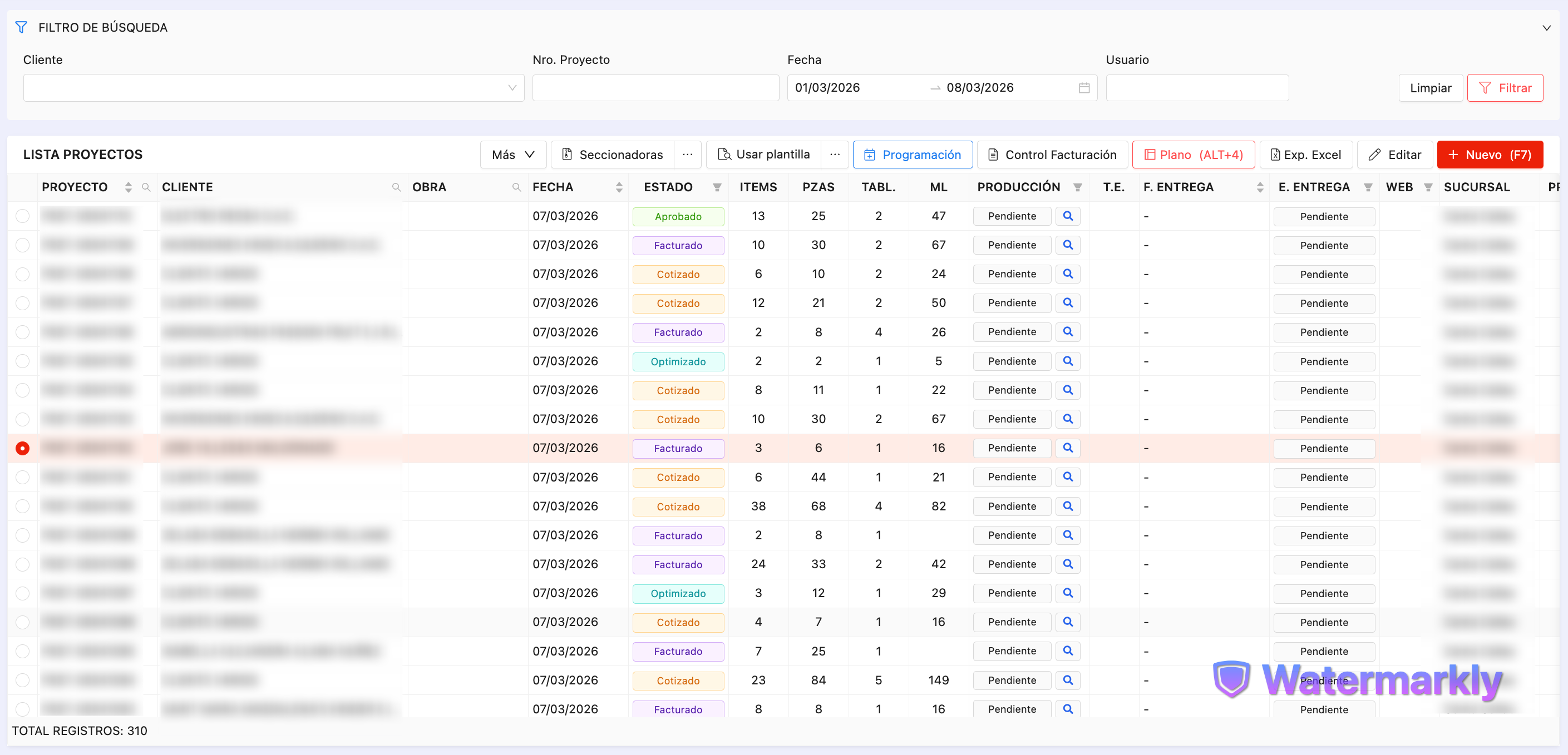 Lista de proyectos en eCarpintero